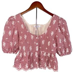 Jacquie The Label Let's Grab Lunch Gingham Puff Sleeve Crop Top Red White Sz S